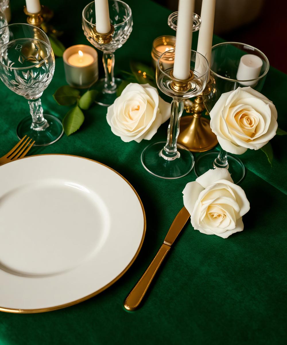 Detalle de mesa con mantel verde esmeralda, vajilla marfil y cubiertos dorados
