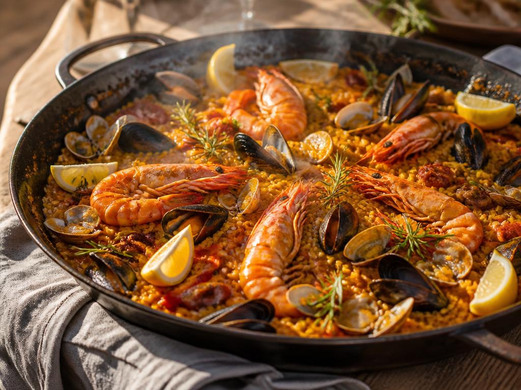 Paella de mariscos recién hecha en una paellera, con gambas, mejillones, almejas, limón y romero